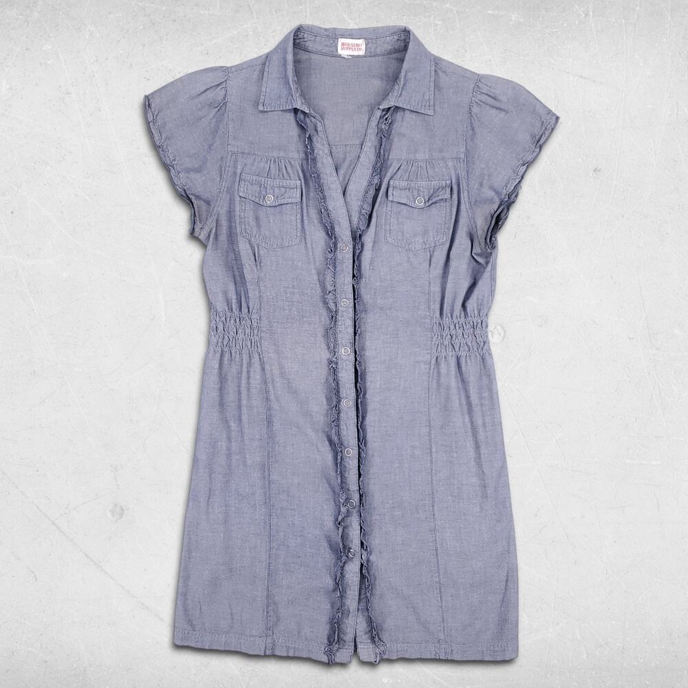 Mossimo Chambray Dress Womens M Blue Cap Sleeves V-neck Collared Snap Up Boho